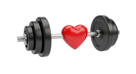 3d icon of dumbbell with a red heart isolated on transparent background, a symbol of fitness, exercise, and healthy lifestyle in a studio shot