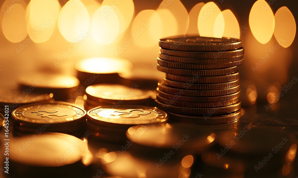 Poster stacks of coins and a growing stock chart in the background, a business concept banner with a stack 