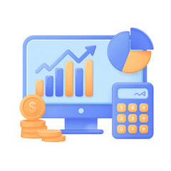 Finance analytics with computer, chart, calculator, and coins 3D illustration  
