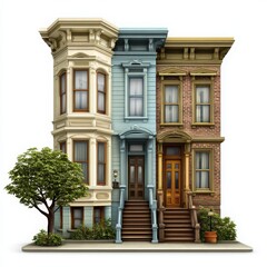 Fototapeta premium Row Houses with Tree and Plants on White Background
