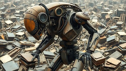 Biomechanical robot disassembling and absorbing parts from identical broken units in a post-apocalyptic scrapyard.