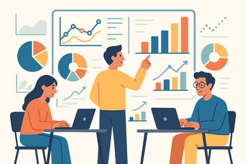Team of business analysts working on data visualization. Man presenting financial report with charts and graphs on a big screen. Teamwork and business intelligence concept.