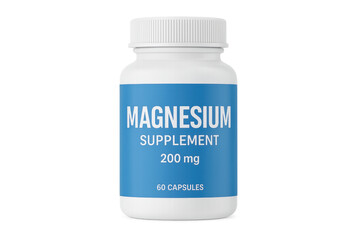 White plastic bottle of magnesium supplement on transparent background