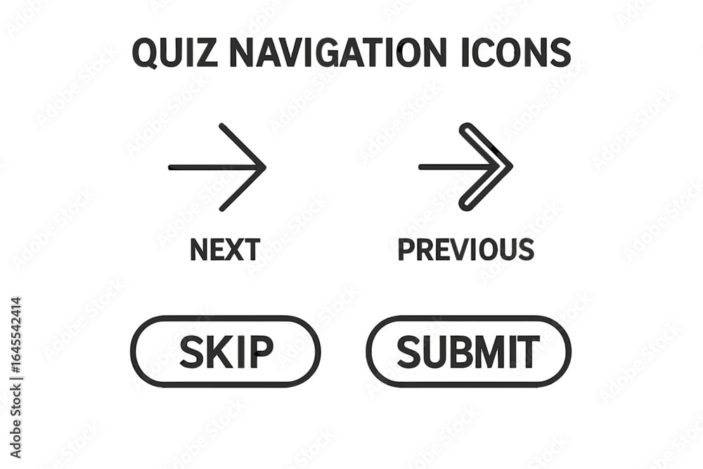 Poster quiz navigation icon set with next, previous, skip, and submit buttons. simple line art for web ui a