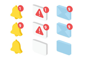 Isometric notification icon set with bell, alert popup, and unread message badge. Vector illustration concept of new email, social media alert overload, and counter for mobile apps.