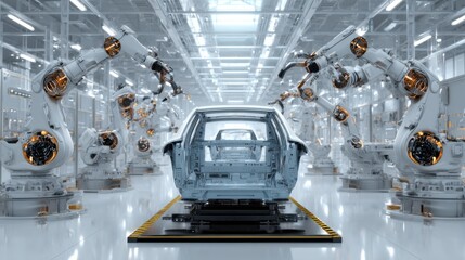 Robotic assembly line in a modern automotive factory showcasing vehicle production process