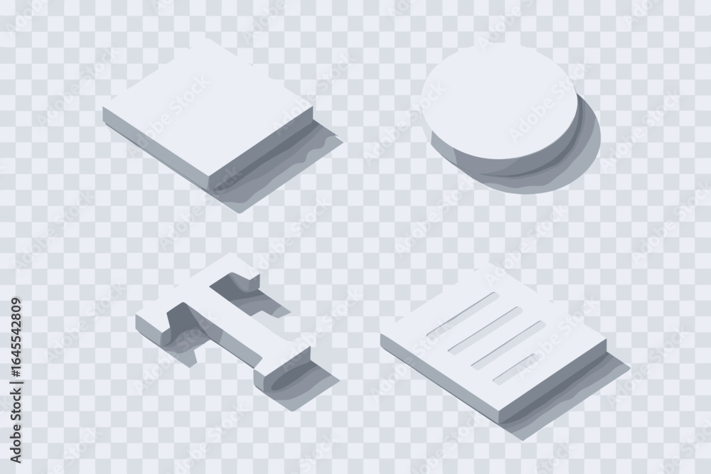 Poster isometric 3d icons set with realistic drop shadow effects. collection of white geometric shapes, let