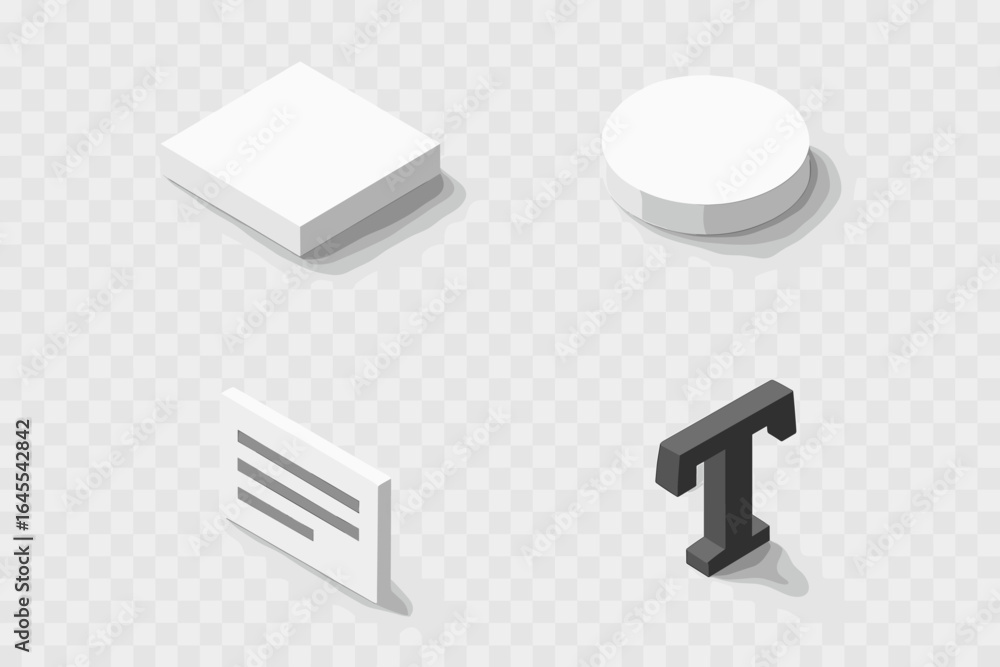 Poster isometric shadow icons set. 3d flat vector objects with drop shadows. geometric shapes like square, 