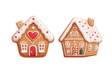 Two festive gingerbread houses isolated on white transparent background
