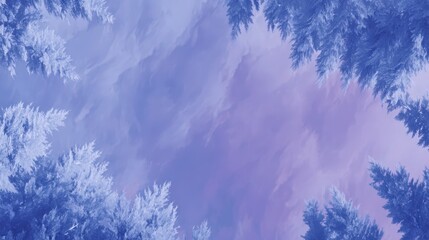Obraz premium A serene blue forest scene with tall trees framing a pastel sky.