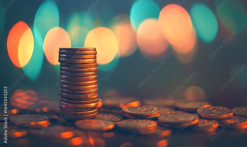 Poster stacks of coins and a growing stock chart in the background, a business concept banner with a stack 
