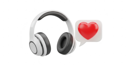 3d icon of wireless headphones with heart speech bubble isolated on transparent background, symbolizing love for music and audio entertainment with modern design