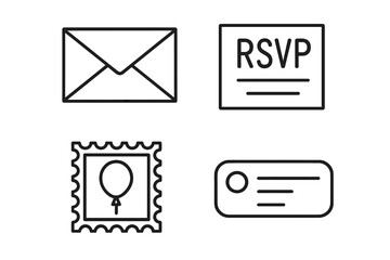 Party invitation line icon set for celebration and events. Minimalist outline symbols including envelope, RSVP card, postage stamp with balloon, and return address label.