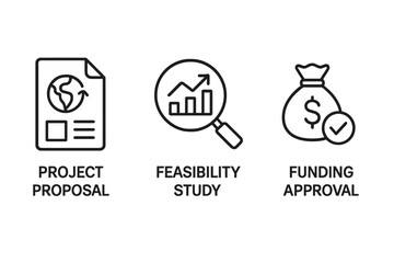 Offset project lifecycle icons. Business development stages from project proposal and feasibility study to funding approval. Financial investment and management vector symbols.
