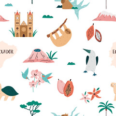 Naklejka premium Ecuador seamless patterns with landmarks, animals and famous places in flat cartoon vector style on white background