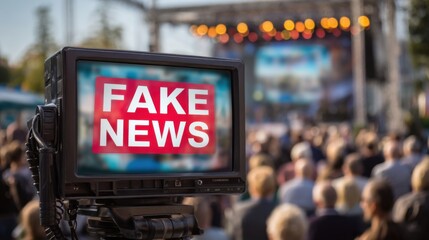 Television broadcast highlighting fake news during a public event in an outdoor setting with a large audience