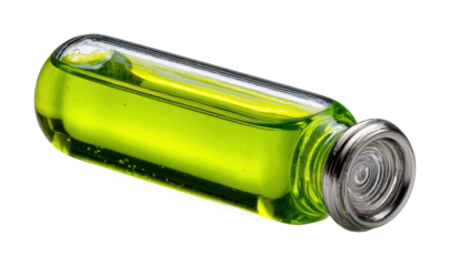 Vibrant green liquid in glass bottle product, isolated on transparent background, png