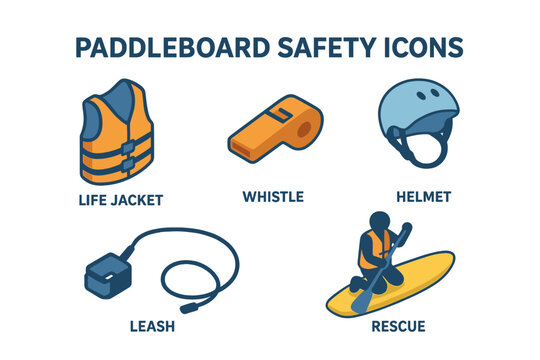 Paddleboard safety equipment icon set. Isometric vector illustration of essential gear for stand-up paddleboarding. Life jacket, helmet, whistle, leash, and rescue icons.