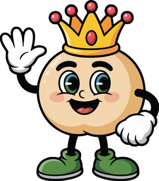 Naklejki Cute Cartoon Dumpling King Mascot, Kawaii Food Character with Crown Illustration, funny pasta, vector pasta