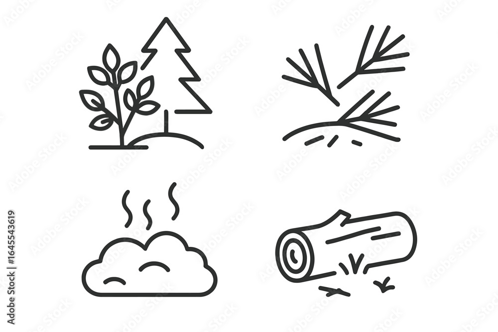 Poster pine forest ecosystem outline icon set. linear vector icons of understory shrub, forest floor with p