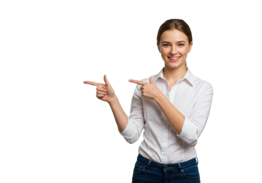 Young caucasian woman in smart casual white shirt, dark trousers, smiling confidently, gesturing with both index fingers outwards against transparent studio background, concept of choice and