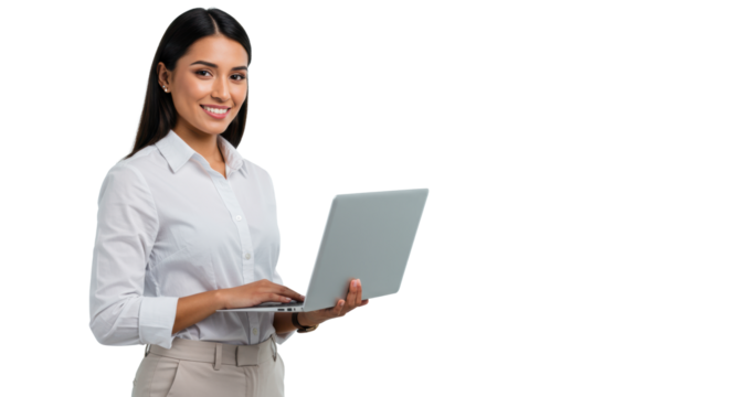 Young hispanic woman in professional attire holding a silver laptop, smiling confidently, medium shot, bright corporate studio background, copy space. Concept of modern business success
