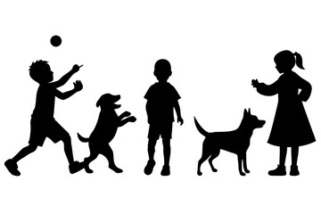 Children playing dogs outdoor activity black silhouette vector illustration
