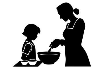 Mother baking a cake with her daughter silhouette vector illustration