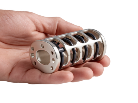 Precision engineering device in hand industrial context view, isolated on transparent background, png