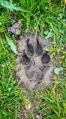 Obraz premium Mud-caked canine print in lush green grass