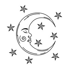 Black outline of a crescent moon and stars. Moon with a retro-style face. Vector illustration isolated on a white background for design and web.