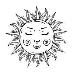 Black outline of the sun with rays. Sun with a retro-style face. Vector illustration isolated on a white background for design and web.