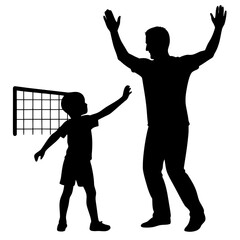 Father son playing soccer goal celebration silhouette vector illustration