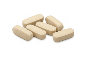 Six beige tablets on transparent background