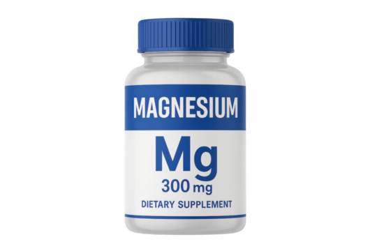 Magnesium dietary supplement bottle with transparent background