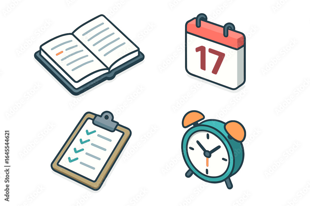 Poster time management and productivity isometric icon set. open planner, calendar date, clipboard checklis