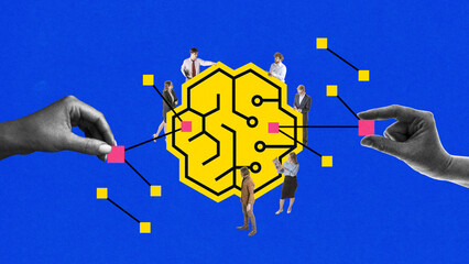 Creative collage of business team connecting data to artificial intelligence network. Concept of robo-advisors, algorithmic trading, AI-powered finance, fintech marketing, and investor presentations.