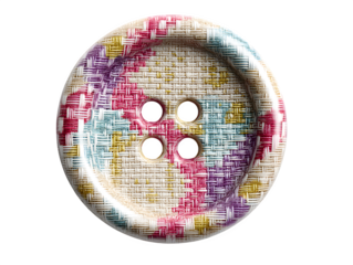 Close up of a woven button with four holes and multicolored threads on a black background studio shot