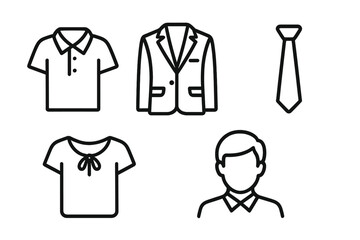 Professional dress code icons. Outline icon set of business attire and grooming. Vector symbols for corporate style. Collared shirt, blazer, tie, blouse, person avatar.