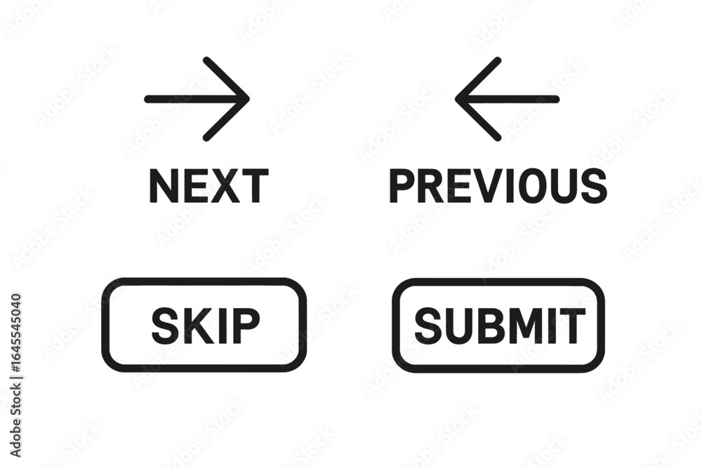 Poster quiz navigation icons. survey control buttons. form elements. next, previous, skip, submit. arrow si