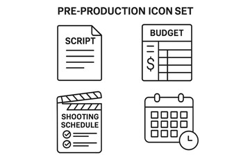 Pre-production filmmaking and video production outline icon set. Vector icons for movie planning process including script writing, budget spreadsheet, and shooting schedule.