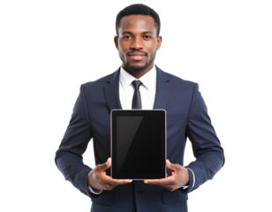 Smart and Handsome Businessman in Formal Attire Using a Tablet for Work, Focused isolated on a transparent background.