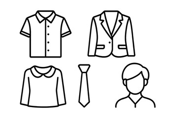 Professional dress code and grooming outline icon set. Business attire and corporate workwear concept. Vector icons of collared shirt, blazer, tie, blouse and haircut.