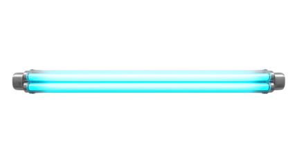A close up of a double fluorescent light fixture with a bright blue glow on a black background