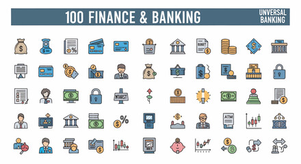 Collection of colorful vector icons representing finance, banking, investment, and money management concepts, displayed against a white background.