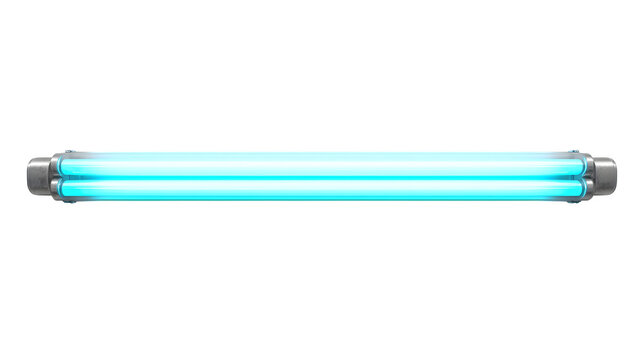 A close up of a double fluorescent light fixture with a bright blue glow on a black background