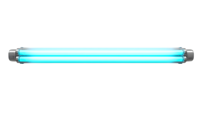 A close up of a double fluorescent light fixture with a bright blue glow on a black background