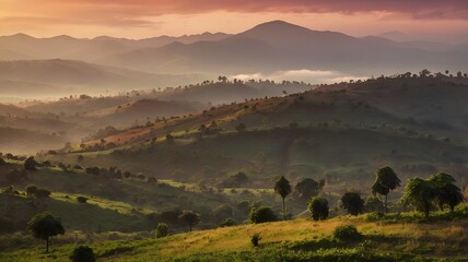 Obraz premium Mountain landscape during sunset with rolling hills