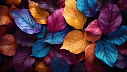 Colorful leaves with vivid hues of blue, purple, yellow, and orange create a vibrant, artistic pattern.