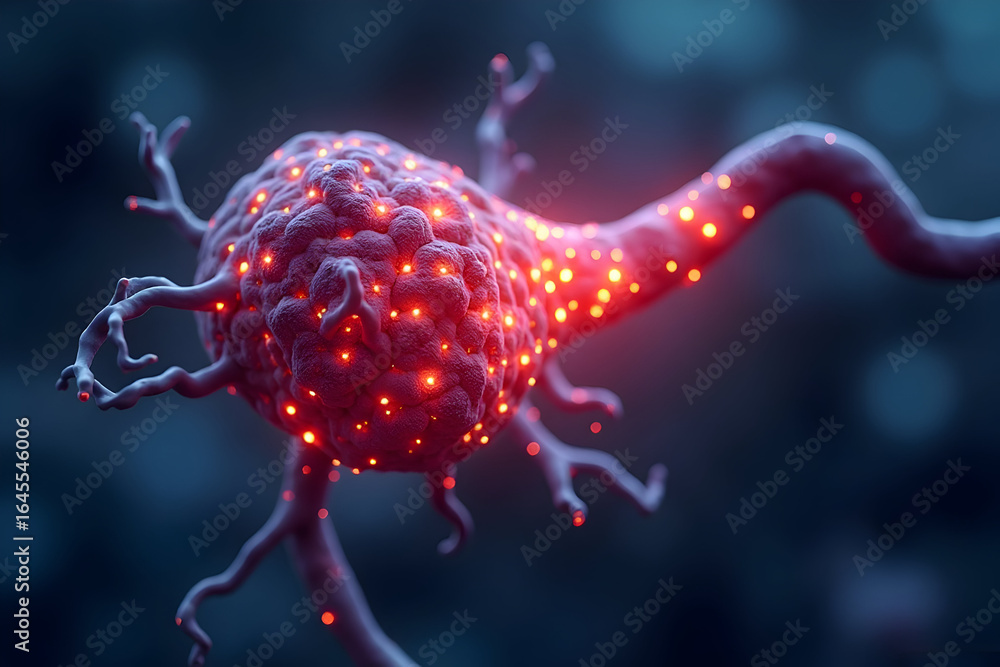 Poster analyzing nerve cell with red dots closeup microscopic view